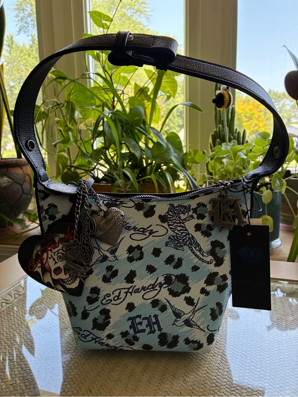 Ed Hardy Light Blue Leopard Print Shoulder Bag with Dark Brown Strap